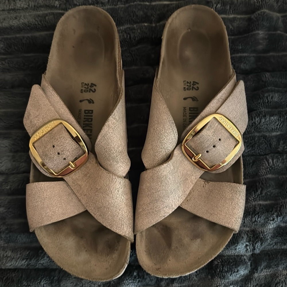 Birkenstock Siena Big Buckle Washed Metallic Rose Leather Sandals 42